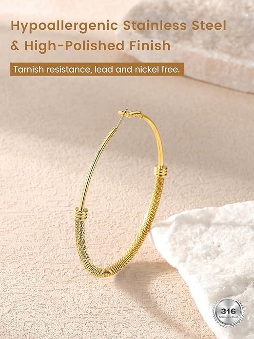 KeyStyle Mesh Hoop Earrings for Women, Stainless Steel Gold Hoops Earring Lightweight Loops, 2MM Thick Hypoallergenic Circle Endless Hollow Hoop 20mm-80mm
