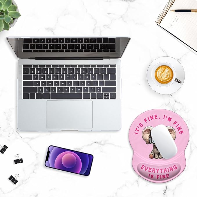 ITNRSIIET Ergonomic Mouse Pad with Gel Wrist Support Small Wrist Rest Smooth Surface Non-Slip PU Base Comfortable Office Supplies Pain Relief, 8.7 x 7.2 inches, Pink Pretty Elephant