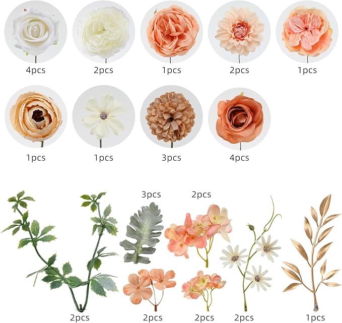 Floweroyal Artificial Flowers Combo Champagne Flowers Mix Silk Flowers Dahlia Roses with Stems for DIY Wedding Bridal Bouquets, Baby Shower, Floral Arrangement, Table Centerpieces, Home Decorations.