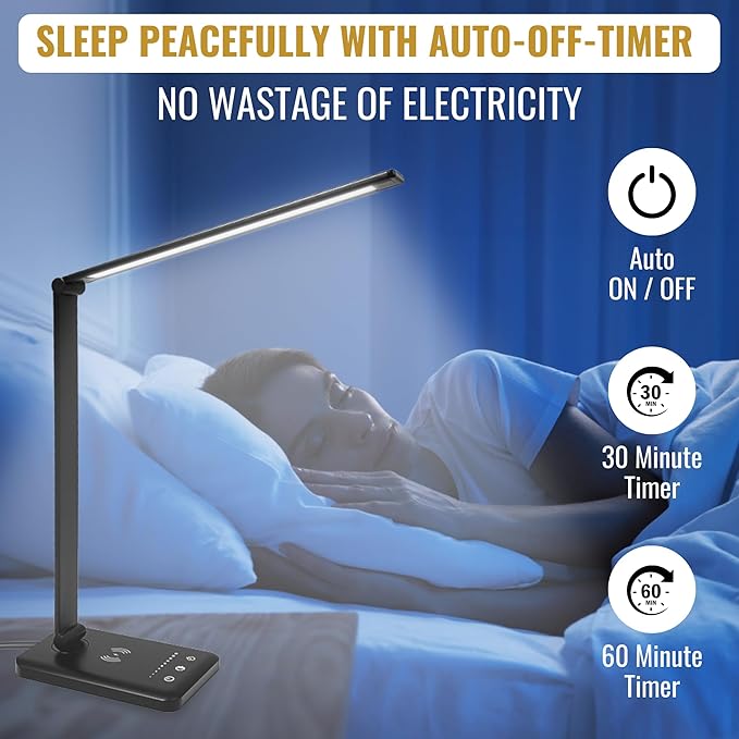 LED Desk Lamp with Wireless Charger – Touch Control Dorm Desk Lamp with USB Charging Station, 3 Color Modes & 5 Brightness Levels, Ideal for Home, Office, Bedroom, Study Area, & College Dorm, Black