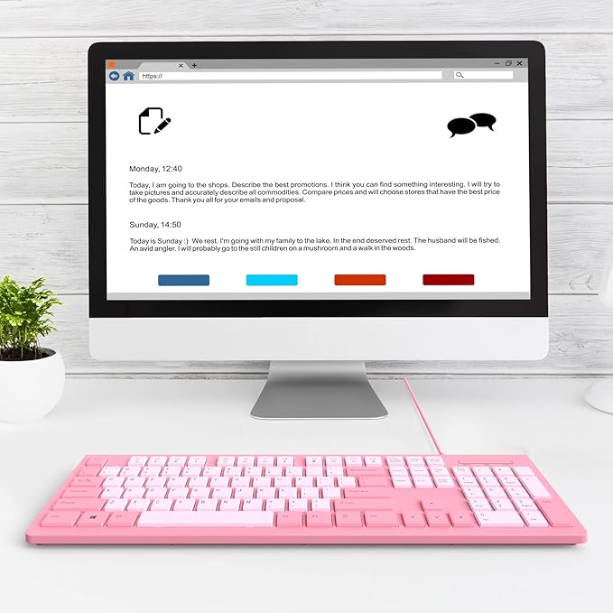 Computer Keyboard Wired, Plug Play USB Keyboard, Low Profile Chiclet Keys, Large Number Pad, Caps Indicators, Foldable Stands, Spill-Resistant, Anti-Wear Letters for PC Laptop (Rose Pink, 1-Pack)