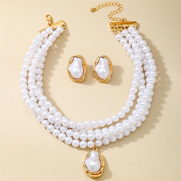 Chunky Pearl Necklaces for Women Gold Pearl Choker Necklace and Earrings Set Pearls Set Jewelry for Women