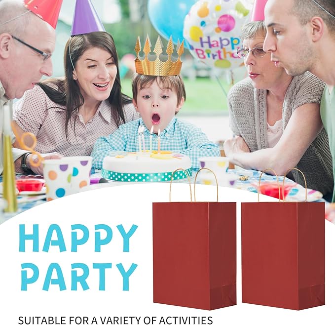 METAPRINT 100 Pcs Paper Gift Bags 8x4.5x10.8 Inch Red Kraft Bag with Handles Bulk for Birthday Wedding Party Favor Bags, Paper Shopping Bags
