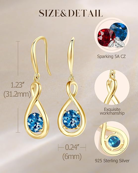 FANCIME Valentines Day Gift Dangle Drop Earrings 925 Sterling Silver Dainty Infinity Round Gemstone Birthstone Jewelry Birthday Gifts for Her Women