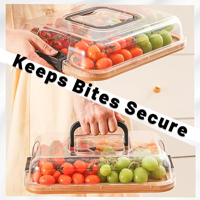 15×11" Charcuterie Boards with Lid, Bamboo Cheese Board Cutting Boards with Locking Clear Cover, Portable Serving Tray - 5 Compartments for Kitchen, Picnic, Party, Housewarming, Wedding Gift
