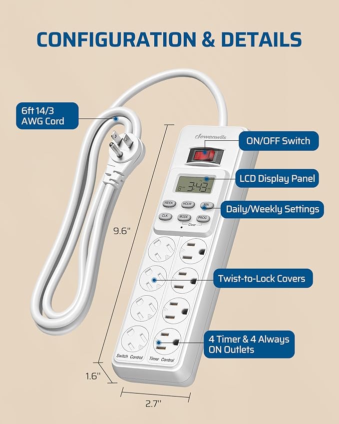 DEWENWILS 8 Outlet Power Strip with Timer (4 Timed/4 Always On), Indoor Digital Timer Outlet for Reptile Light, Turtle Grow Light, Bearded Dragon Tank, Aquarium, 6ft Flat Plug Cord, 15A, UL Listed
