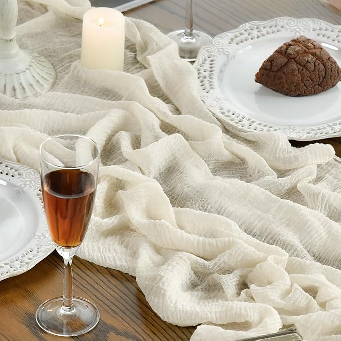 Artoid Mode Boho Cheesecloth Gauze Beige Wedding Table Runner, 160 Inch Seasonal Fabric Kitchen Dining Holiday Table Decor for Home Party Indoor