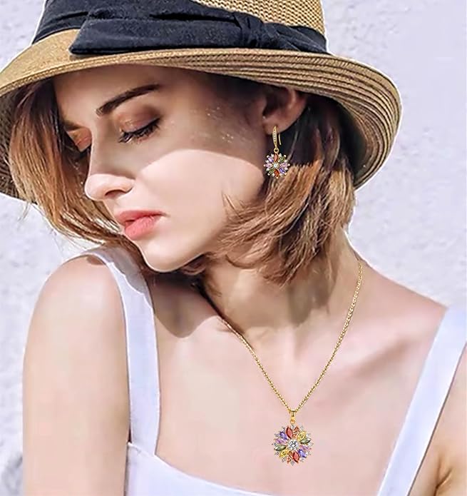 VONSSY Colorful Snowflake Pendant Necklace Earrings Rose Gold 5A Cubic Zirconia | Crystal Sweater Chain | Multi Gemstone Garnet Amethyst Morganite Peridot Prom Rhinestone Necklaces for Women Vintage Stylish Gift