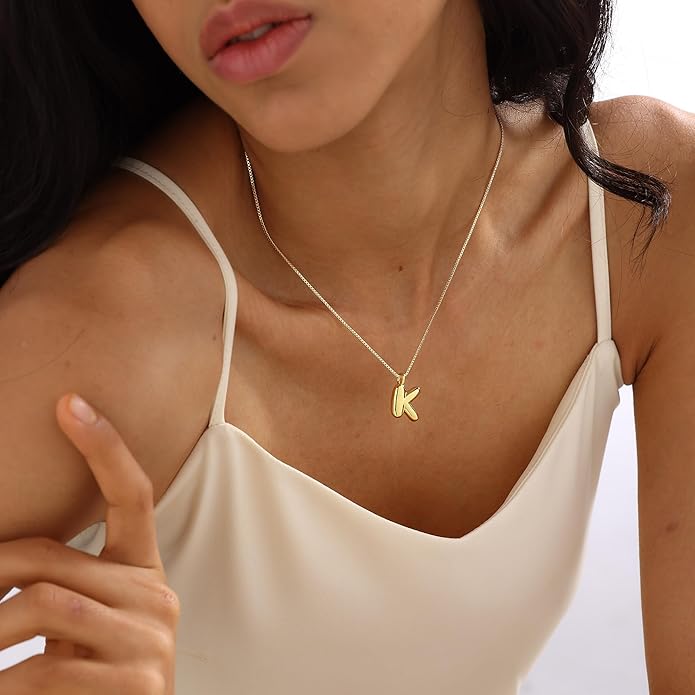 Bubble Gold Silver Letter Necklace Initial Necklaces for Women Trendy 14K Dainty Charm Pendant Name Necklace Personalized Jewelry Gift for Women Teen