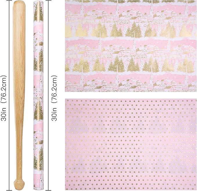 RUSPEPA 30" X 32.8' Reversible Christmas Wrapping Large Paper Roll, Jumbo Roll, Pink Gold Winter Landscape with Snowflake Pattern, Gold Polka Dot Design Gift Wrap for Girls, Women, Xmas Holiday Gifts