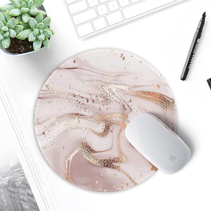ITNRSIIET Round Mouse Pad with Stitched Edge Premium-Textured Waterproof Non-Slip Rubber Base Desktop Protection Mat Diameter 8.7 inches, Rose Gold Marbling