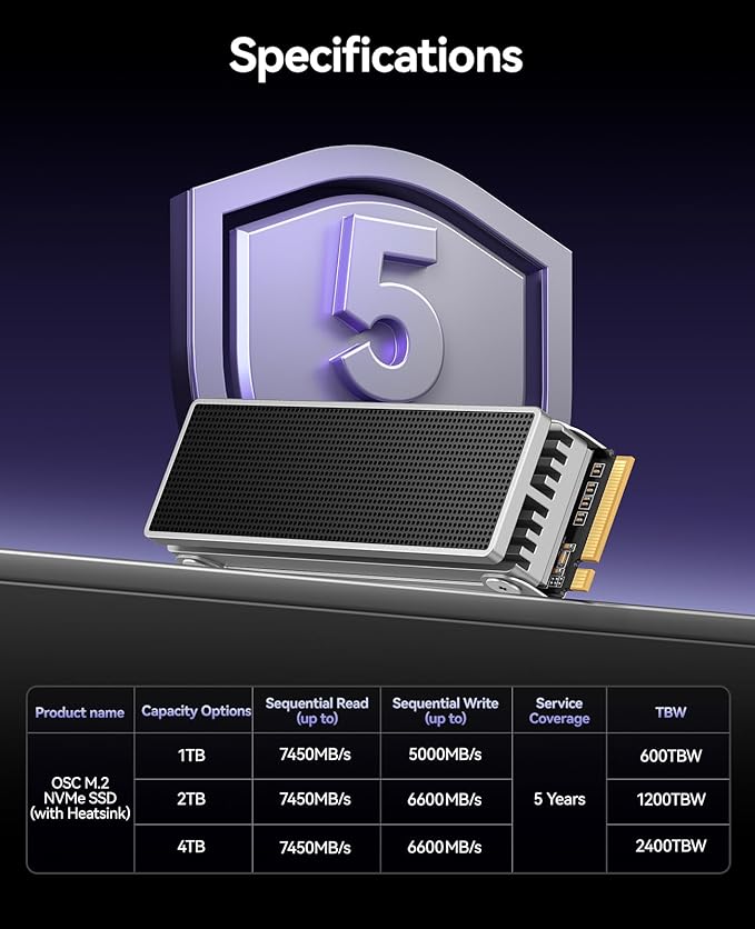 ORICO OSC 2TB M.2 NVMe SSD for Desktop PC, PCIe 4.0 Internal SSD with 7450MB/s Read, TLC NAND, Pre-Installed Pro-Grade Finned Heatsink, Innovative IceArmor Cooling, M.2 2280 Drive