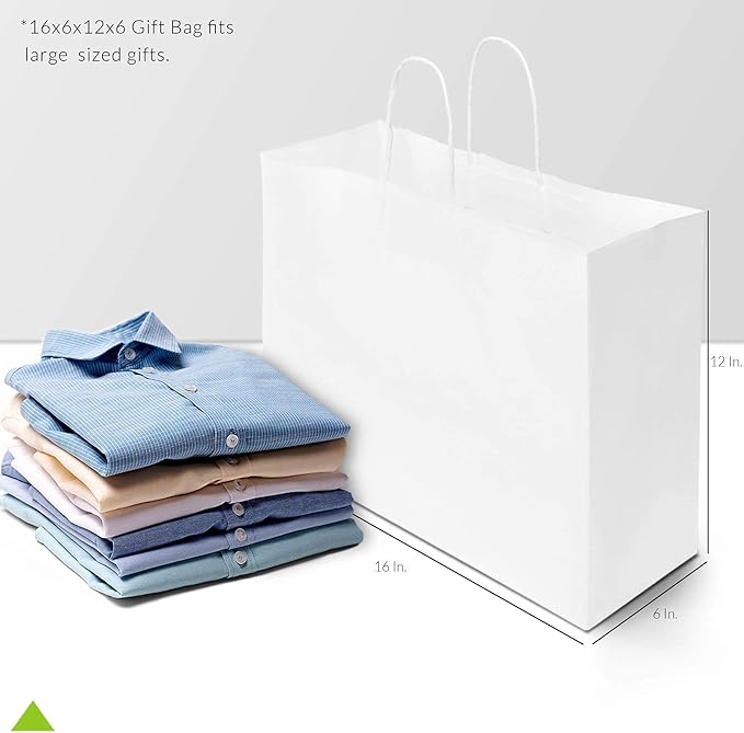 Prime Line Packaging White Gift Bags, Paper Shopping Bags with Handles for Small Business, Boutique, Merchandise, Retail, Party Favors, Bulk, 16x6x12, 50 Pack
