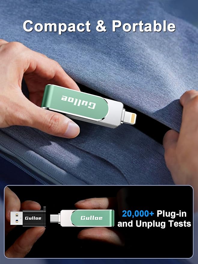 Gulloe 32GB Flash Drive Intended for iPhone, Memory Stick Storage for Photos and Videos Backup, Compatible with iPhone iPad Android PC, Plug and Play, No Application Required (Light Green)
