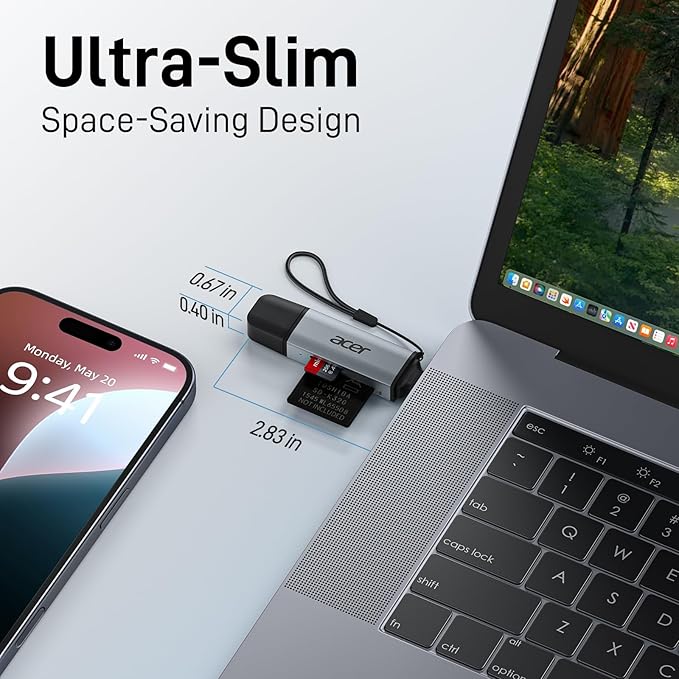 acer SD Card Reader USB C, Dual Slots USB 3.0 Type C to Micro SD Card Adapter, Memory Card Reader for MicroSD, SDHC, SDXC, Compatible with Laptop, PC, iPhone16/15, MacBook Pro/Air, iPad Pro, Android
