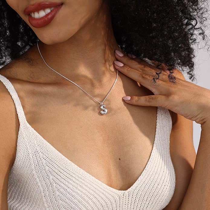 Bubble Gold Silver Letter Necklace Initial Necklaces for Women Trendy 14K Dainty Charm Pendant Name Necklace Personalized Jewelry Gift for Women Teen