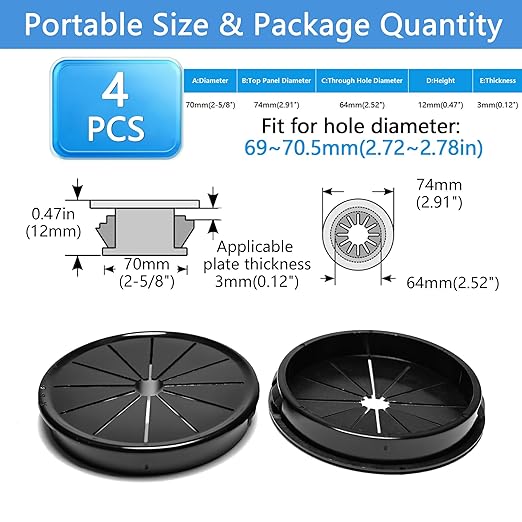 4 Pcs Cable Grommet, Snap Bushing 2-5/8" (70 mm) Mounting Diameter, Flexible Petal-Shaped Buckle Round Nylon Desk Grommet for Wires Through Countertop Cord Organizer and Protection, Black