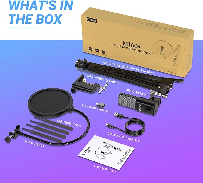 FDUCE Gaming USB Microphone, RGB Condenser mic with Mute, Gain, Monitoring, Boom Arm for Streaming, Podcast, Twitch, YouTube, PC, Computer, PS5, (M160+)