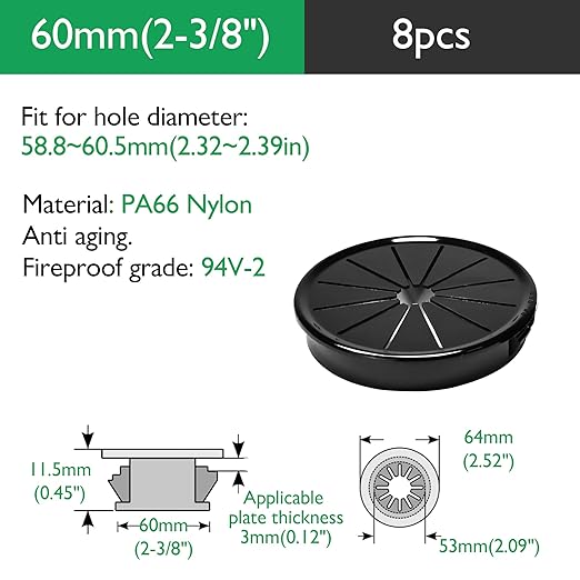 8PCS Cable Grommets, 2-3/8"(60mm) Desk Hole Cover Petal Shaped Buckle Type Nylon Snap Bushing Grommet, Wire Hole Cover Insert for Cables and Cords Management and Protection of Cabinet, Black
