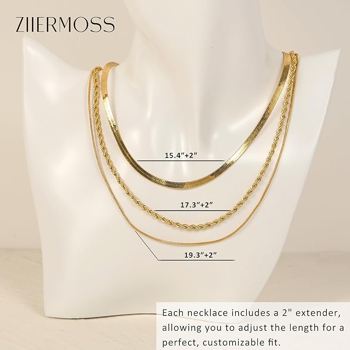 3PCS Gold Necklaces for Women,Chunky Statement Gold Plated Necklace Stack Layered Sterling Silver Herringbone Chains for Women Dainty Trendy Silver Chains Stacked Jewelry Gifts