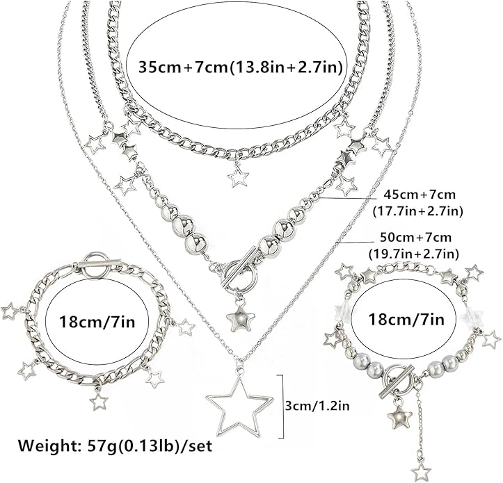2 Pieces Silver Star Necklace Y2K Jewelry Set Grunge Necklace Kawaii Cute Necklaces Aesthetic Vintage Emo Jewelry