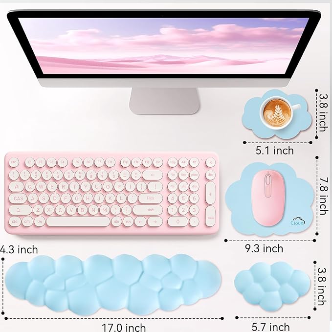 Cloud Wrist Rest for Computer Keyboard, 4-in-1 Memory Foam Leather Cloud Keyboard Wrist Rest and Mouse Pad Set with Ergonomic Support for Arm and Palm Cushion, Gaming/Work Setup, Blue