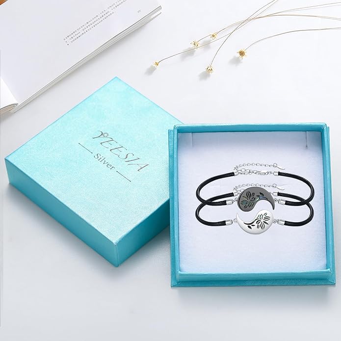 Yin Yang Bracelet 925 Sterling Silver Couple Friendship Bracelets Tree of Life/Sun Moon/Mountain/Lotus Abalone Jewelry for Women Men Couples, Leather Cord 7+2 in
