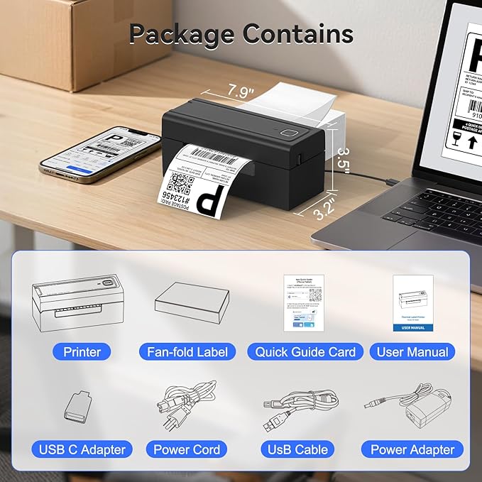 Bluetooth Thermal Shipping Label Printer, Wireless 4x6 Shipping Label Printer for Packages, High-Speed Thermal Printer Compatible with Android, iOS & Windows for Amazon, Ebay, Shopify, USPS