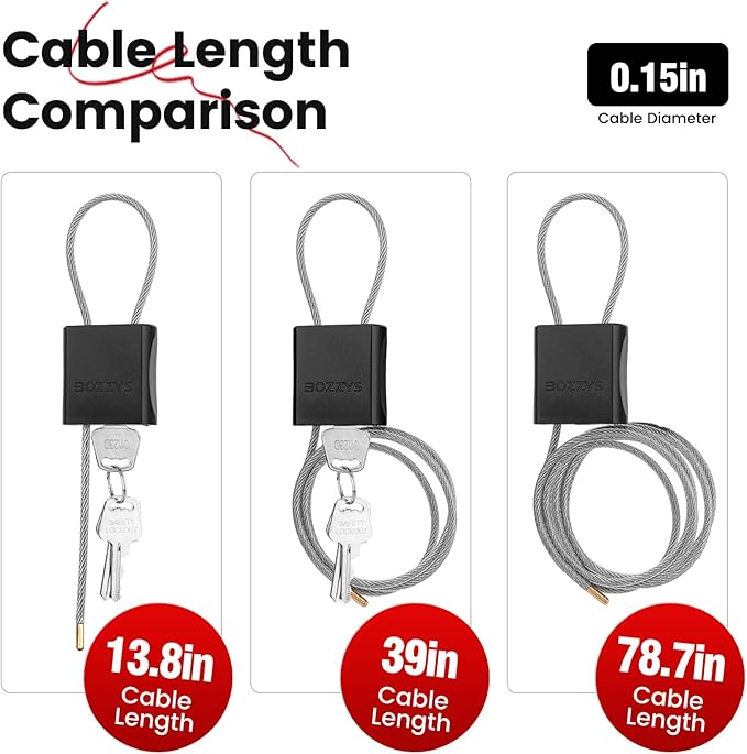 Cable Lock with 3 Keys | L 6.56ft(2m),D 1/6in(4mm) Adjustable Steel Cable Padlock | Aluminum Locks for Bikes, Gate, Lockers & Outdoor Gear | Weatherproof & Black