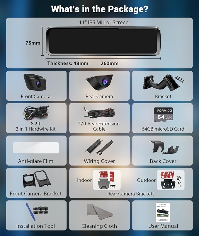 PORMIDO OEM Rear View Mirror Camera with Auto-Brightness, 11" Mirror Dash Cam with 2K Ultra-Bright Touchscreen, Detached Front Backup Rearview Zoom Built-in GPS Night Vision 64GB Card Parking Monitor