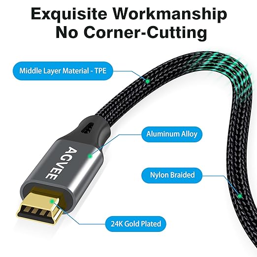 AGVEE 1ft Mini USB Cable, Braided Durable USB-A to Mini-B Charger Charging Cord for TI-84, Garmin GPS, Go-Pro Hero 4 3 2 HD, PS3 Controller, Canon Camera, Blue Yeti Microphone, Dark Gray