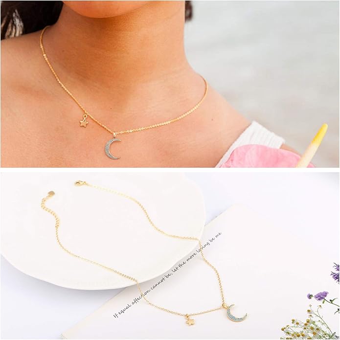 Aobei Pearl 18K Gold Plated Moon Star Lion Evil Eye Love Heart Cross Pendant Necklace Medallion Paperclip Chian Choker Layering Jewery for Women