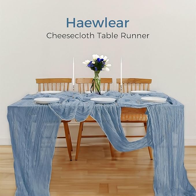6 Pack Boho Gauze Cheesecloth Long Rustic Sheer Table Runner for Wedding, Bridal, Baby Shower, Birthday Party, Cake Table, Arbor Decorations (Dusty Blue)