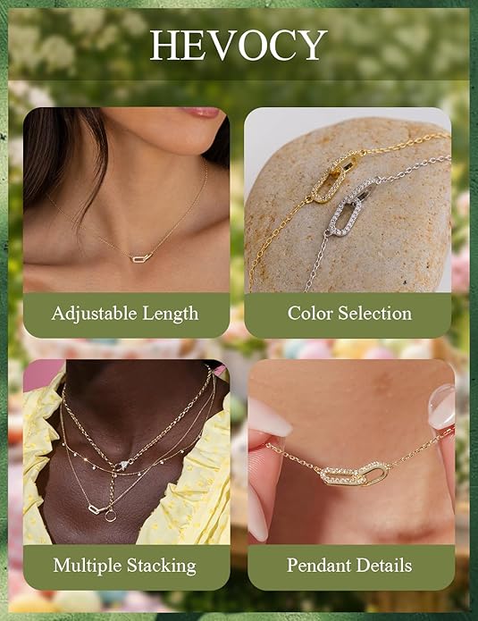14K Gold & Sterling Silver Plated Pendant Necklaces for Women - Dainty CZ Paperclip Choker, Simple Oval Interlock Necklace, Trendy Cute Jewelry