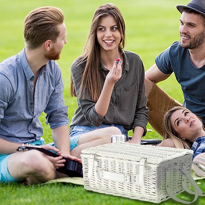 Picnic Basket Set for 4 with Waterproof Blanket Mat Insulation Bag Wicker White Green Plaid Fresh Cottagecore Gift for Wedding Birthday Summer Camp Outdoor Camping Christmas Thanksgiving