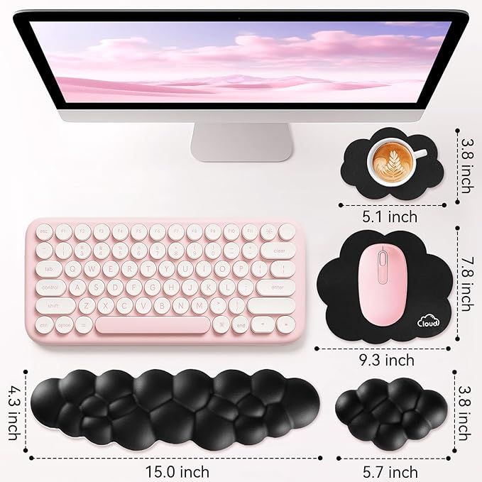 Cloud Wrist Rest for Computer Keyboard, 4-in-1 Memory Foam Leather Cloud Keyboard Wrist Rest and Mouse Pad Set with Ergonomic Support for Arm and Palm Cushion, Gaming/Work Setup, Black