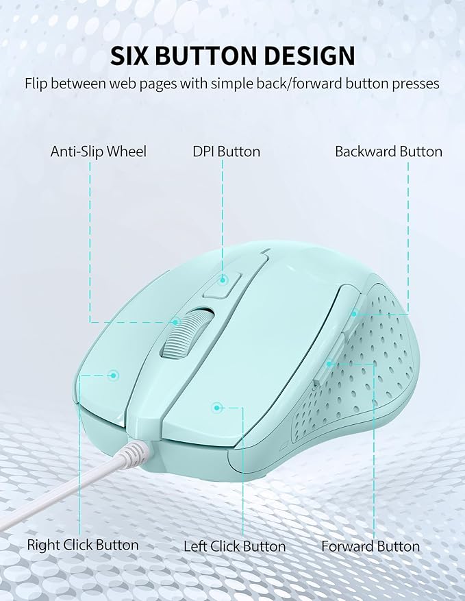 TECKNET Wired Mouse, 6-Button Corded with 4 Adjustable DPI, Ergonomic Optical Mouse, 5FT Cord for Laptop, Chromebook, PC, Desktop, Mac, Notebook - LT.Green