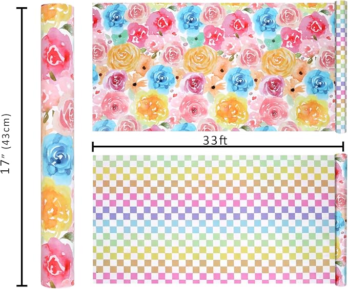 LaRibbons Reversible Floral Wrapping Paper Roll, 17 Inch x 33 Feet (46.7 Sq. Ft) Double-Sided Colorful Watercolor Rose and Colorful Checkered Design for Wedding, Mother’s Day, Bridal Shower, Easter
