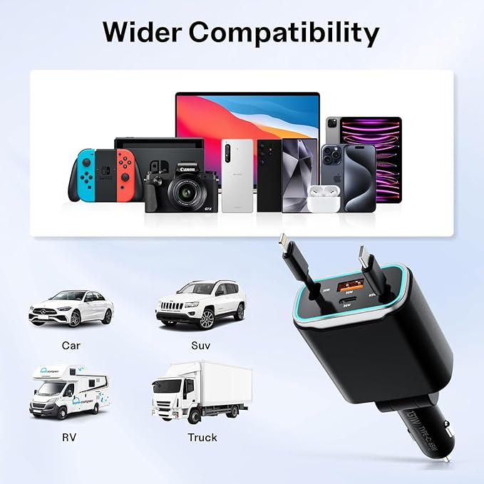 iPhone Car Charger, 4 in 1 Retractable Fast Car Phone Charger Adapter 131W, Retractable Cables (31.5 inch) & 2 USB Ports for iPhone 16/15/14/13/12/11 Pro/Samsung