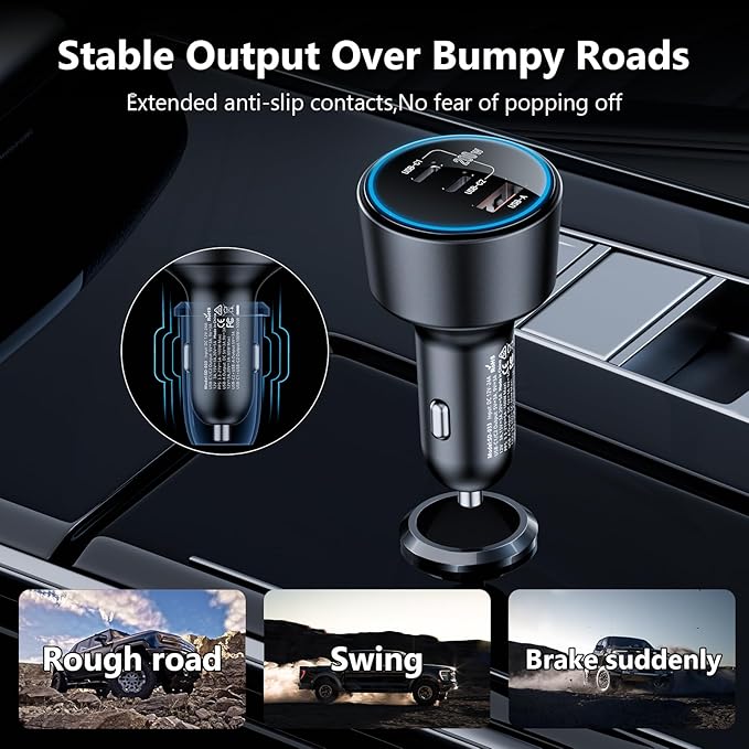 200W Super Fast Car Charger for iPhone 16/15 Pro Max, 3-Port USB C Car Charger Adapter with 2×100W USB C to C Cables, PD3.0/QC4.0, 12V-24V Vehicle Compatible, LED Light & Overheat Protection
