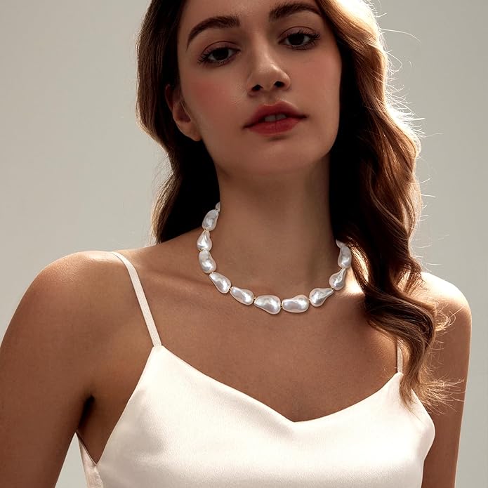 Zeffy 14K Gold/Silver Plated Chunky Thick Chain Toggle Clasp Necklace Dainty Baroque Pearl/Heart/Cross/Turquoise Pendant Necklace