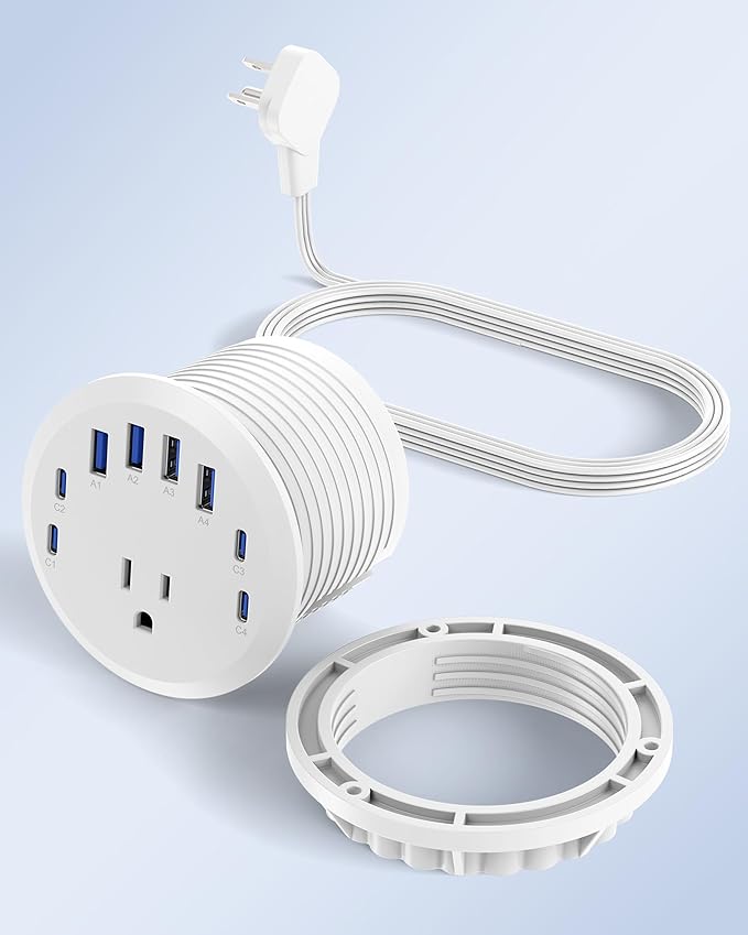 Jgstkcity 65W USB-C Hidden Desktop Power Grommet: 1 AC Outlet,8 USB Charging Ports,3'' Hole Flush Mount Pop-Up Power for Conference Tables & Nightstands (Whtie, 6 FT - 2PCS)