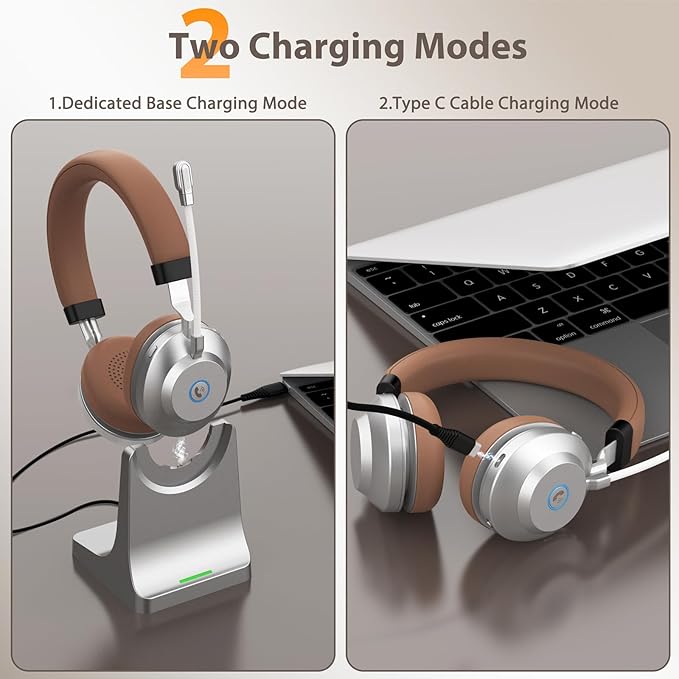 Earbay Wireless Headset with Mic for Work, Bluetooth Headset with Noise Cancelling Mic, V5.3 Lightweight Wireless Headphones with USB Dongle, Charging Base & Mic Mute for PC/Laptop/Phones/Call Center