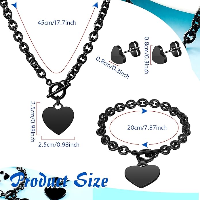 Bucherry 3 Pcs Heart Jewelry Set Bow Snowflake Jewelry Heart Pendant Chain Toggle Necklace with Bracelet Earrings Snowflake Stainless Steel Link Chain for Women Gift