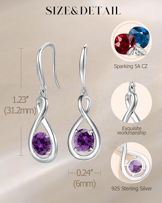 FANCIME Valentines Day Gift Dangle Drop Earrings 925 Sterling Silver Dainty Infinity Round Gemstone Birthstone Jewelry Birthday Gifts for Her Women