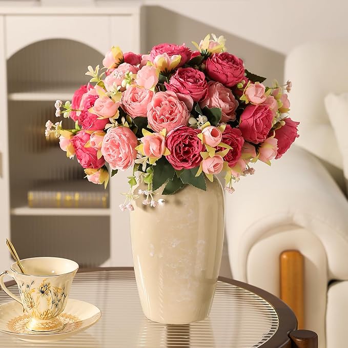 Floweroyal 2 Bunches Peony Artificial Flowers Pink Flowers Silk Peonies Bouquets for Wedding Party Table Centerpieces Floral Arrangement Home Kitchen Decor