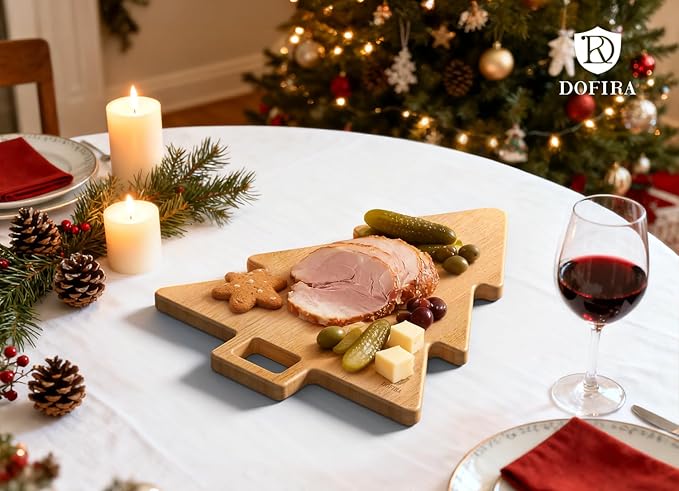 Acacia Wood Christmas Tree Cutting Board 15x12 Inch Charcuterie Board with Handle, Xmas Cheese Appetizer Tray, Wooden Decorative Serving Platter for Holiday Kitchen Party