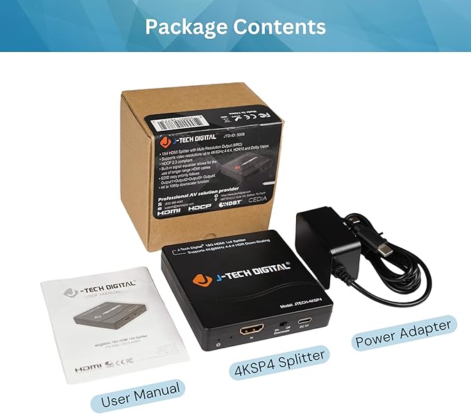 J-Tech Digital HDMI Splitter 4K 60Hz 1X4 Multi-Resolution Output (MRO) HDMI 2.0 Splitter Supports downscale HDR HDR10 / Dolby Vision 4K@60Hz 4:4:4 HDCP2.3 2.2 (JTECH-4KSP4)