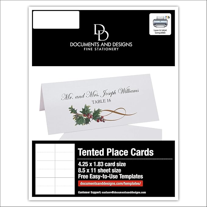Christmas and Holiday Holly Swirl Printable Place Cards, Set of 150 (25 Sheets), Laser & Inkjet Printers - Wedding, Party, Dinner, and Special Events - Made in the USA