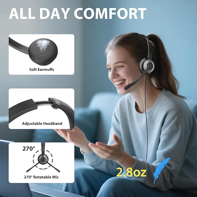 Earbay USB Headset with Microphone for PC, Headset with Mic, Computer Headset with Noise Canceling Microphone for Laptop, Wired Headphones with Mic for Work from Home/Call Center/Open Office